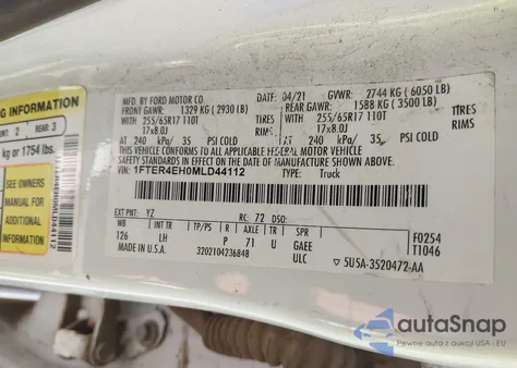 2021 Ford Ranger Xlt z USA, uszkodzony, nr VIN 1FTER4EH0MLD44112